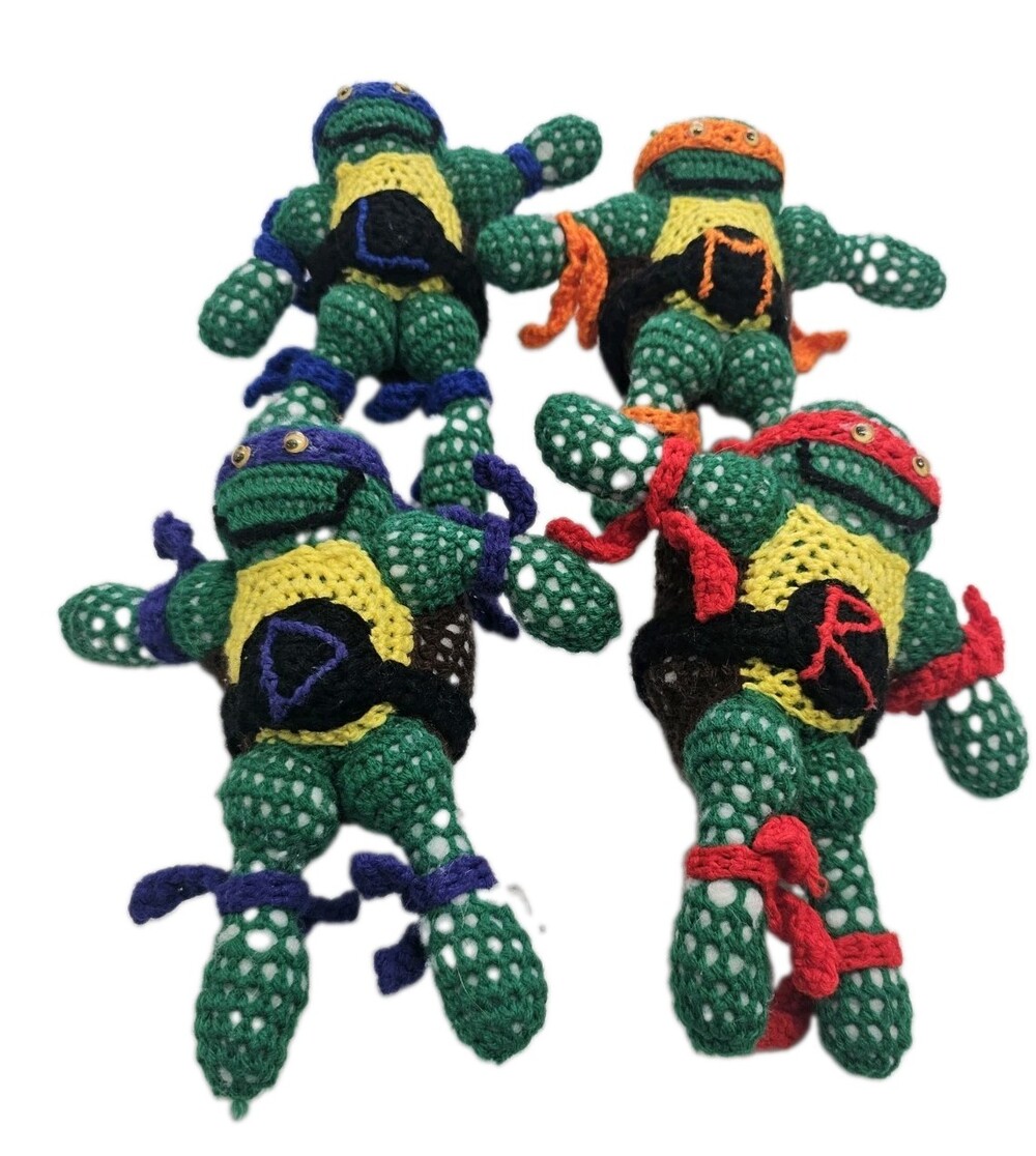 Handmade Crochet Ninja Turtle Doll Set of 4 Green Plush Figures Vintage Style